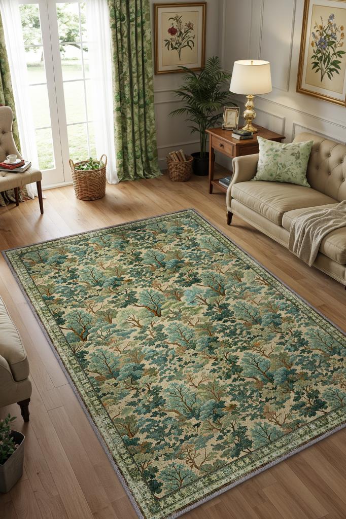 Tree Pattern Green Rug, Washable Woven Cotton Base Living Room Rug, Decorative Rug, Natural Home Decor 