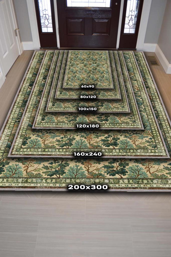 Tree Pattern Green Rug, Washable Woven Cotton Base Living Room Rug, Decorative Rug, Natural Home Decor 