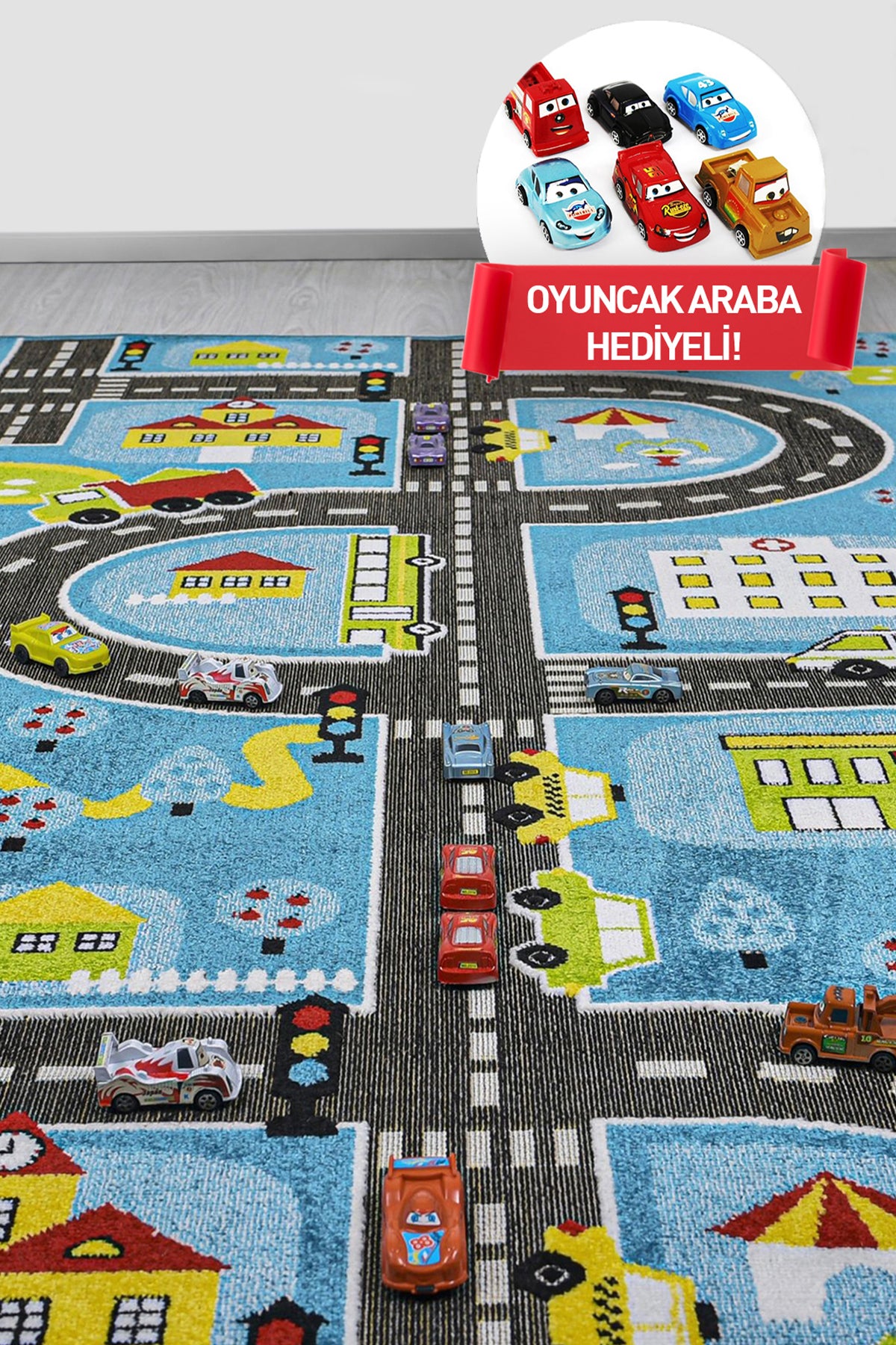 Anaokulu Kreş Oyun Halısı 3 Boyutlu Dokuma Mavi Trafik