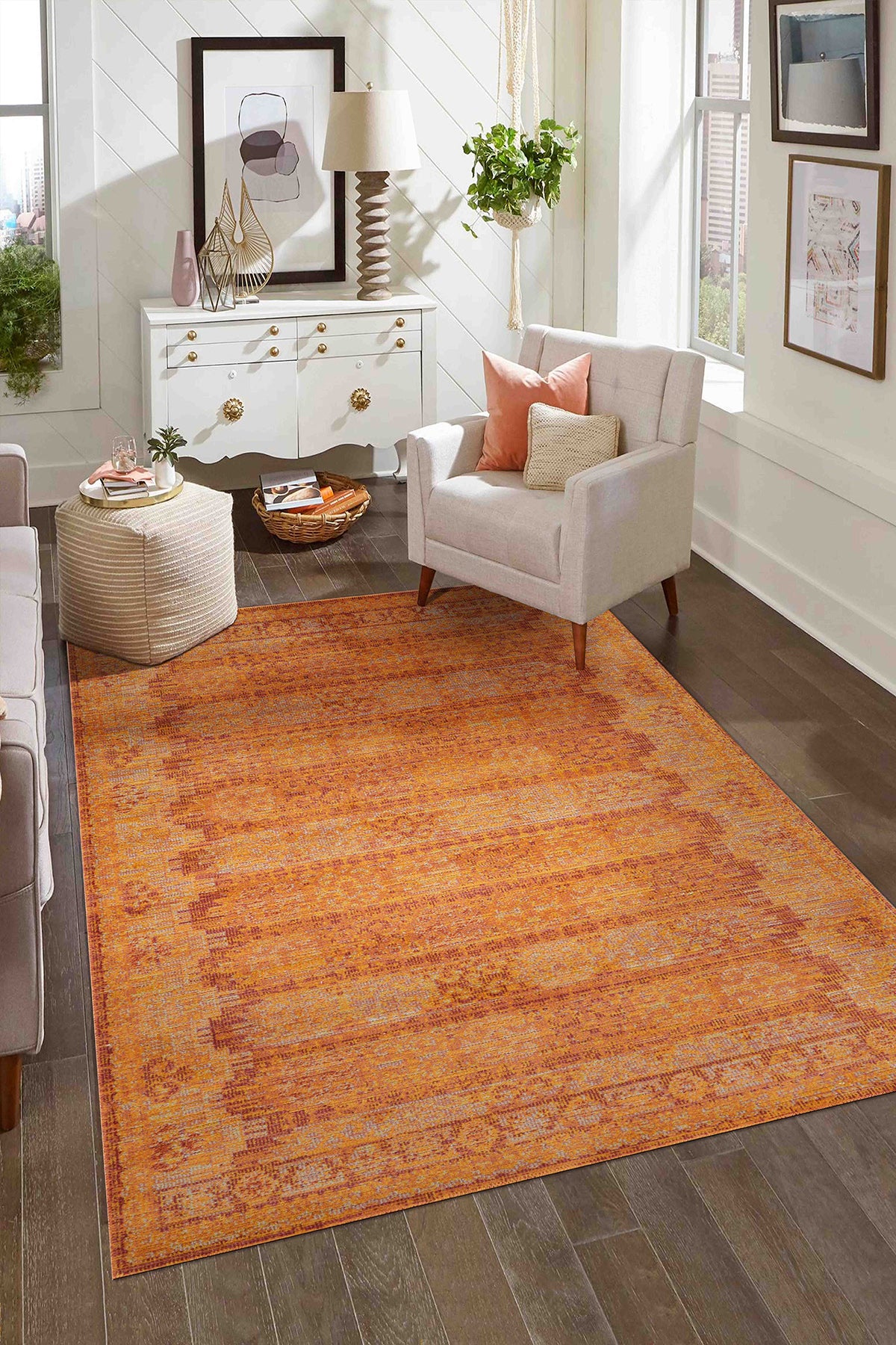Antique 1115 Classic Vintage Living Room Rug Orange Retro Kitchen Rug Dust-Free Thin Machine-Made Carpet