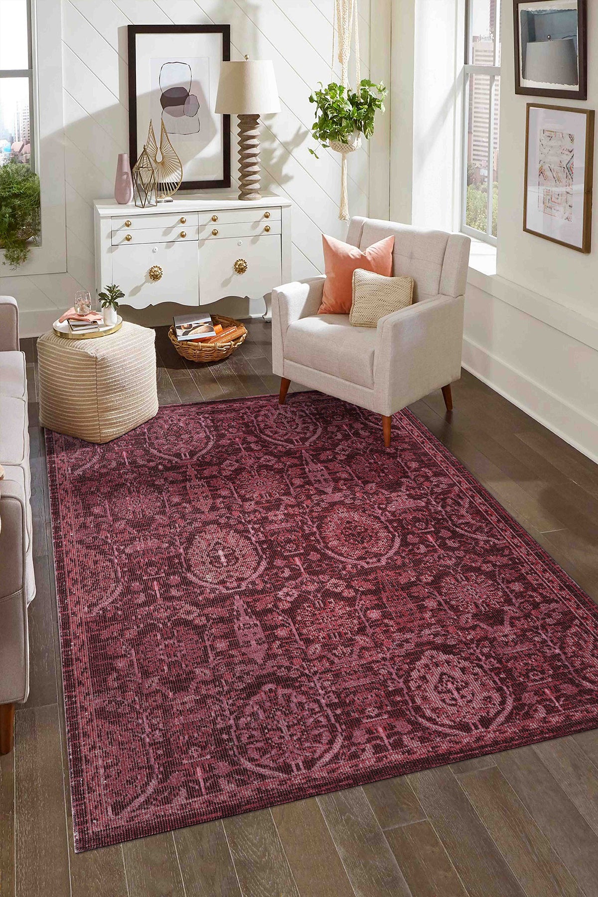 Antique 1116 Classic Vintage Living Room Rug, Burgundy Retro Kitchen Rug, Dust-Free, Thin Machine-Made Rug