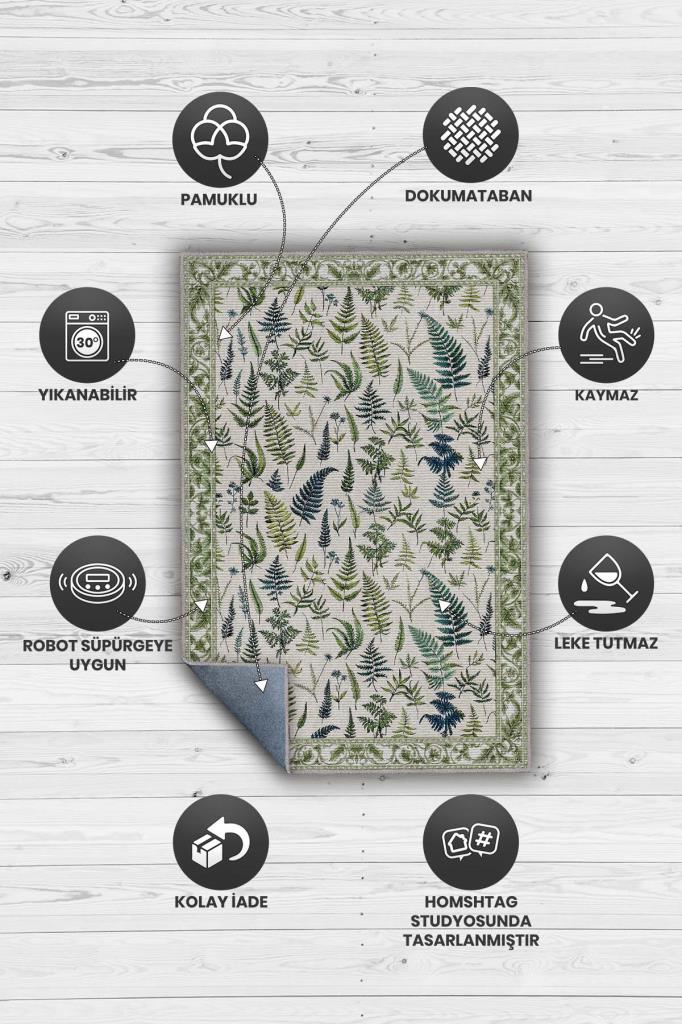 Aşk Merdiveni Desenli Krem Ve Yeşil Halı, Bordürlü Kır Evi Halısı