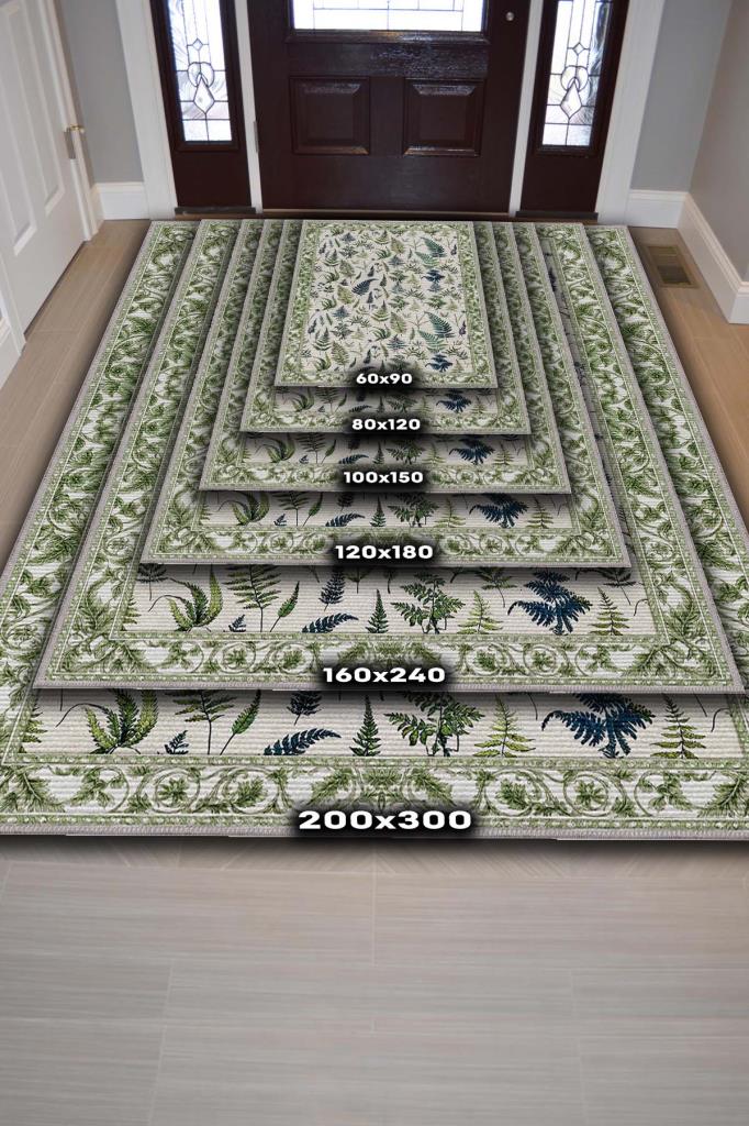 Aşk Merdiveni Desenli Krem Ve Yeşil Halı, Bordürlü Kır Evi Halısı