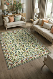 Bağ Evi Dekoru Tarzı İşlemeli Çiçekli Halı, Antik Desenli Halı, Nostaljik Yıkanabilir Halı