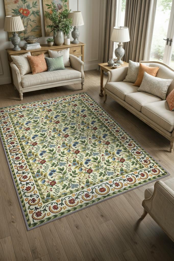 Bağ Evi Dekoru Tarzı İşlemeli Çiçekli Halı, Antik Desenli Halı, Nostaljik Yıkanabilir Halı