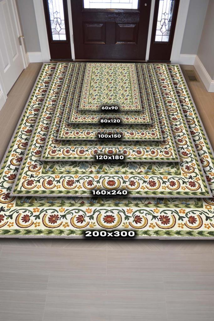 Bağ Evi Dekoru Tarzı İşlemeli Çiçekli Halı, Antik Desenli Halı, Nostaljik Yıkanabilir Halı