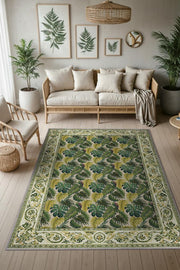 Baroque Bordered Botanical Patterned Tropical Living Room Rug, Washable Woven Cotton Base Rug 