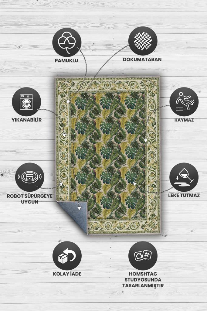Baroque Bordered Botanical Patterned Tropical Living Room Rug, Washable Woven Cotton Base Rug 