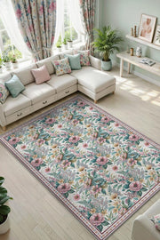 Bohem Halı, Yıkanabilir Çiçekli Halı, Pastel Oturma Odası Yada Çocuk Odası Halısı