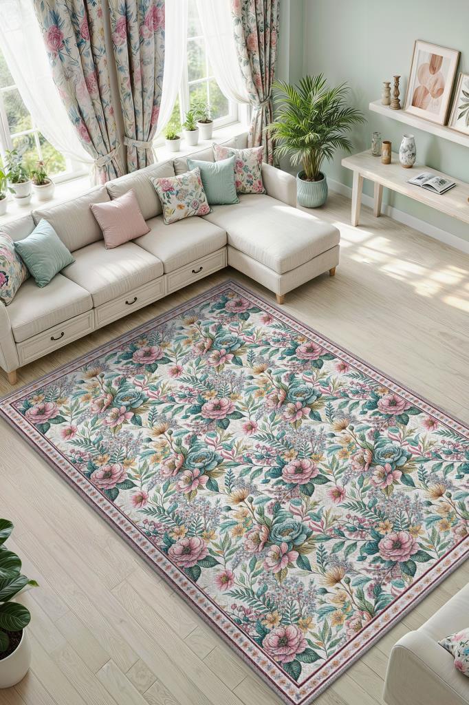 Bohem Halı, Yıkanabilir Çiçekli Halı, Pastel Oturma Odası Yada Çocuk Odası Halısı
