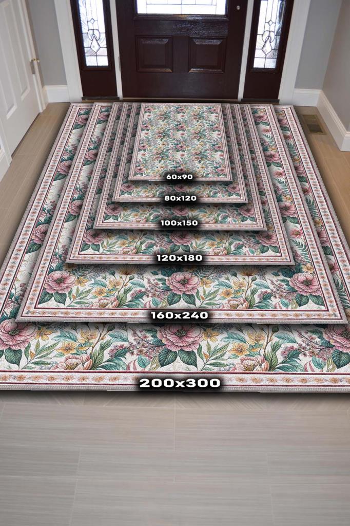 Bohem Halı, Yıkanabilir Çiçekli Halı, Pastel Oturma Odası Yada Çocuk Odası Halısı