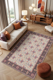 Bordürlü Vintage Tarz Barok Halı, Yıkanabilir Dokuma Pamuk Tabanlı Kaymaz Tabanlı Halı