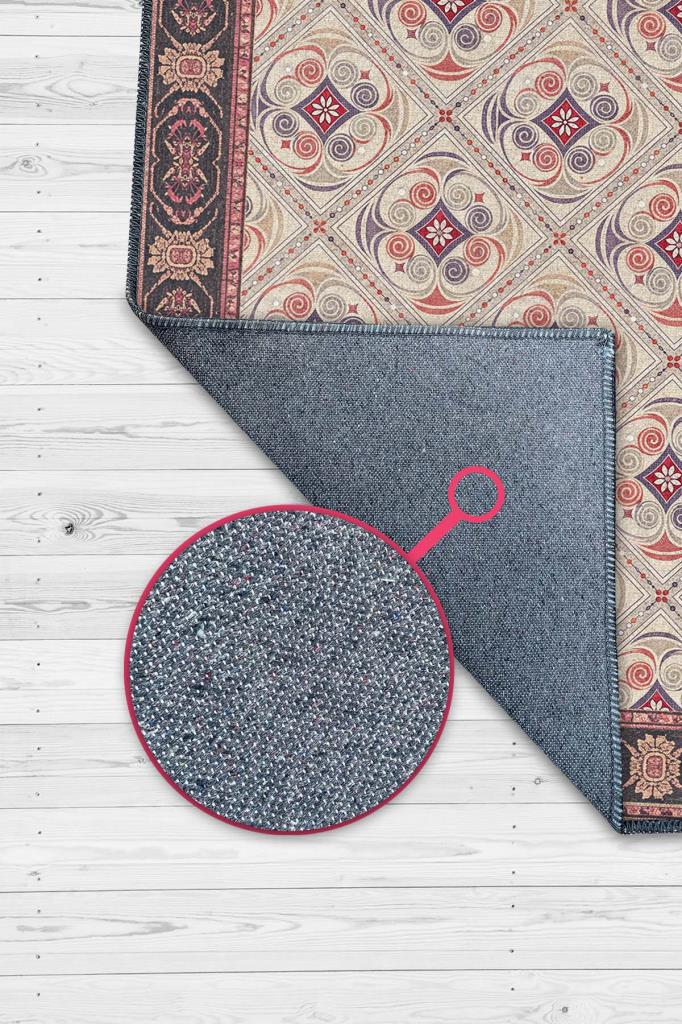 Bordürlü Vintage Tarz Barok Halı, Yıkanabilir Dokuma Pamuk Tabanlı Kaymaz Tabanlı Halı