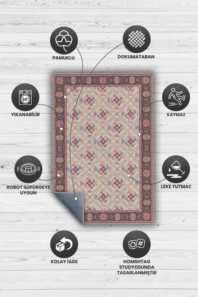 Bordürlü Vintage Tarz Barok Halı, Yıkanabilir Dokuma Pamuk Tabanlı Kaymaz Tabanlı Halı