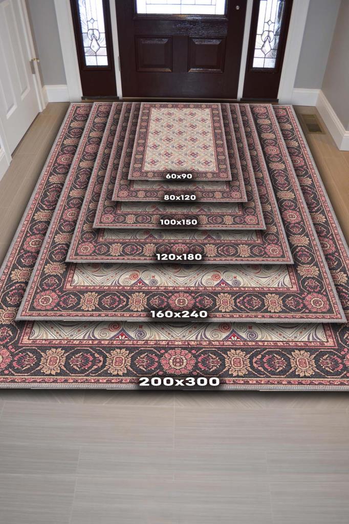 Bordürlü Vintage Tarz Barok Halı, Yıkanabilir Dokuma Pamuk Tabanlı Kaymaz Tabanlı Halı