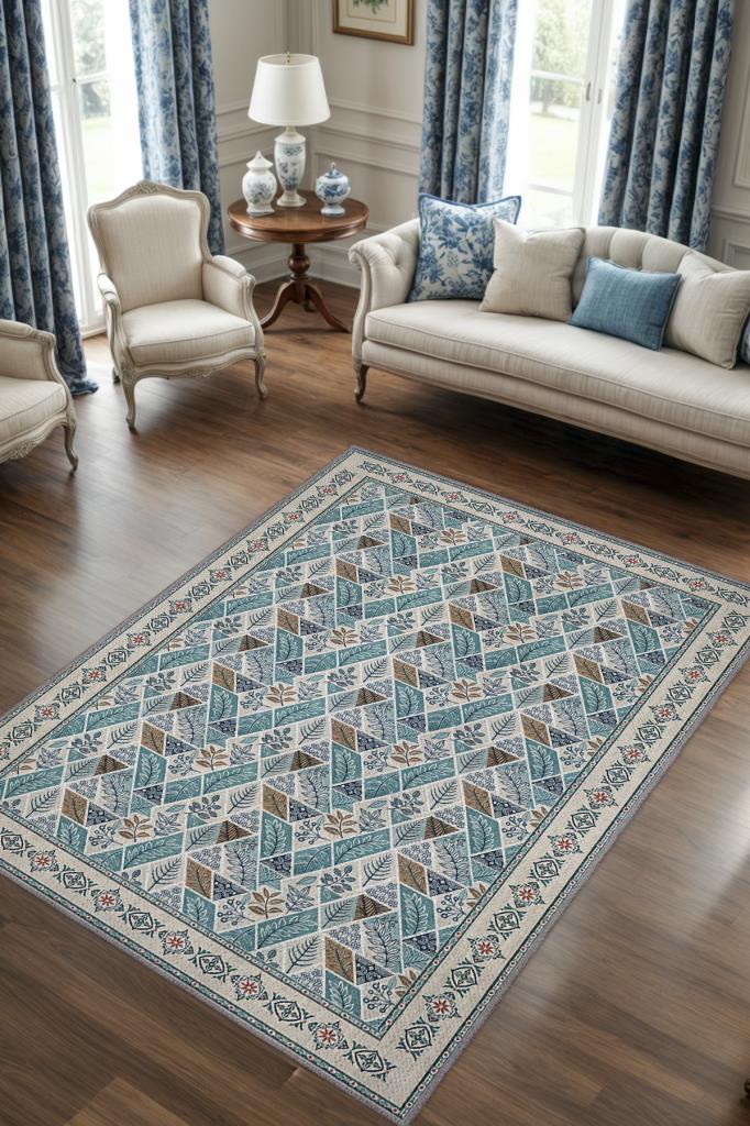 Botanical Patterned Geometric Living Room Rug, Brown Blue Cream Rug, Scandinavian Rug 