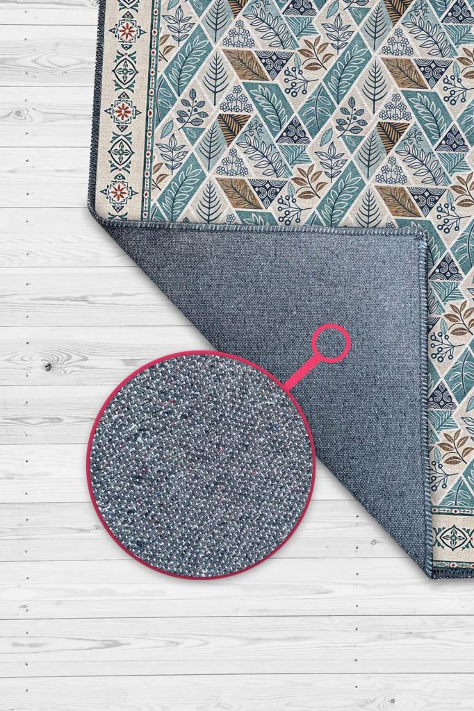 Botanical Patterned Geometric Living Room Rug, Brown Blue Cream Rug, Scandinavian Rug 