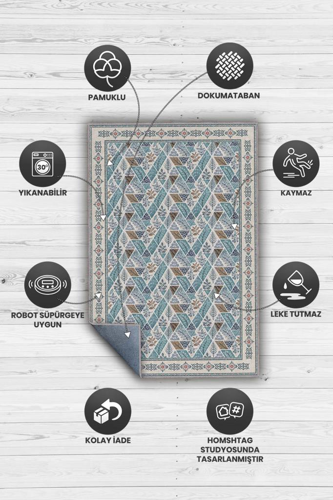 Wohnzimmerteppich mit botanischem, geometrischem Muster, braun-blau-cremefarbener Teppich, skandinavischer Teppich 