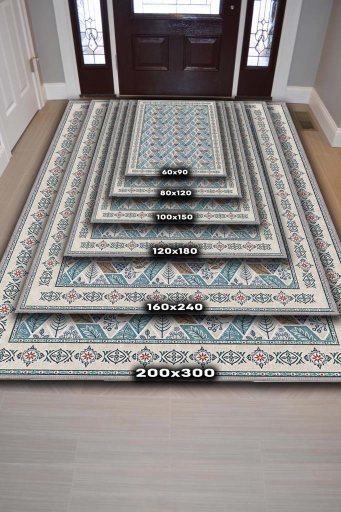 Wohnzimmerteppich mit botanischem, geometrischem Muster, braun-blau-cremefarbener Teppich, skandinavischer Teppich 