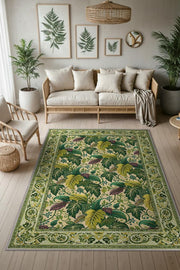 Botanical Patterned Rug, Olive Green Rug, Mediterranean Themed Home Decor, Washable Woven Cotton Base Rug 