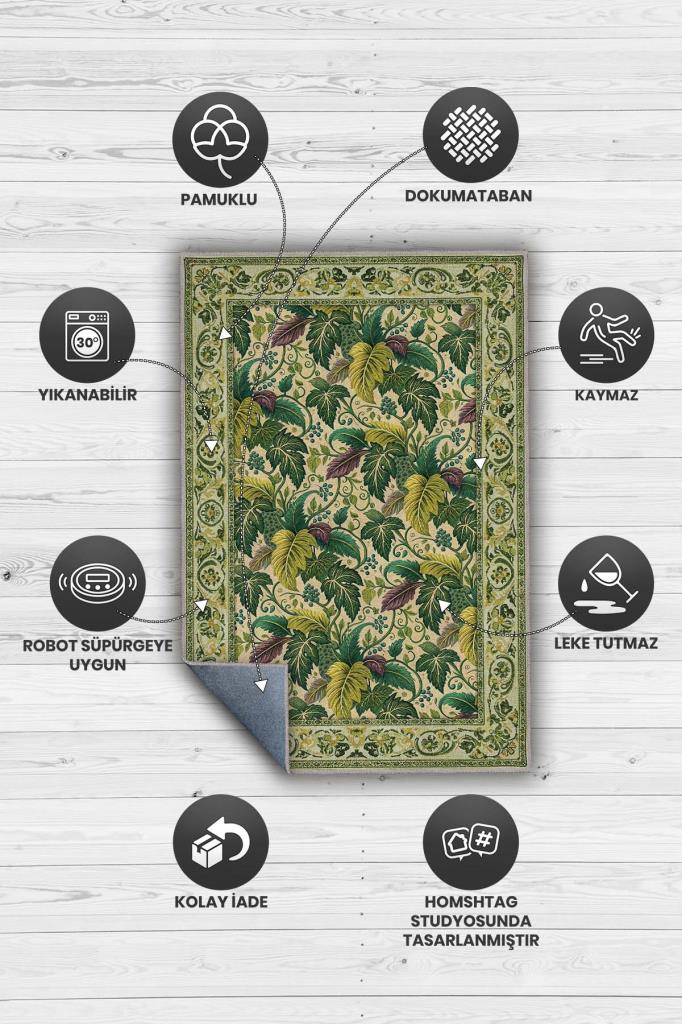 Botanical Patterned Rug, Olive Green Rug, Mediterranean Themed Home Decor, Washable Woven Cotton Base Rug 