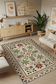 Çiçek Desenli Halı, İskandinva Bohem Oda Dekoru İçin Zeytin Yeşil Kırmızı Ve Bej Yıkanabilir Halı, Minimal Ev Dekoru