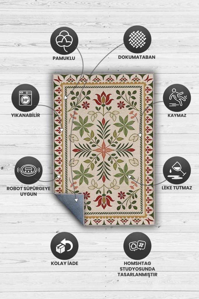 Çiçek Desenli Halı, İskandinva Bohem Oda Dekoru İçin Zeytin Yeşil Kırmızı Ve Bej Yıkanabilir Halı, Minimal Ev Dekoru