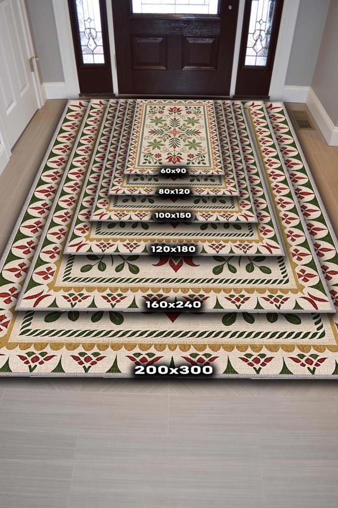 Çiçek Desenli Halı, İskandinva Bohem Oda Dekoru İçin Zeytin Yeşil Kırmızı Ve Bej Yıkanabilir Halı, Minimal Ev Dekoru