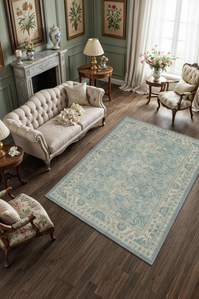 Çiçek Desenli Halı Vintage Mavi Halı, Maksimalist Ev Dekoru, Yıkanabilir Dokuma Pamuk Tabanlı Tropikal Oda Dekoru Halısı