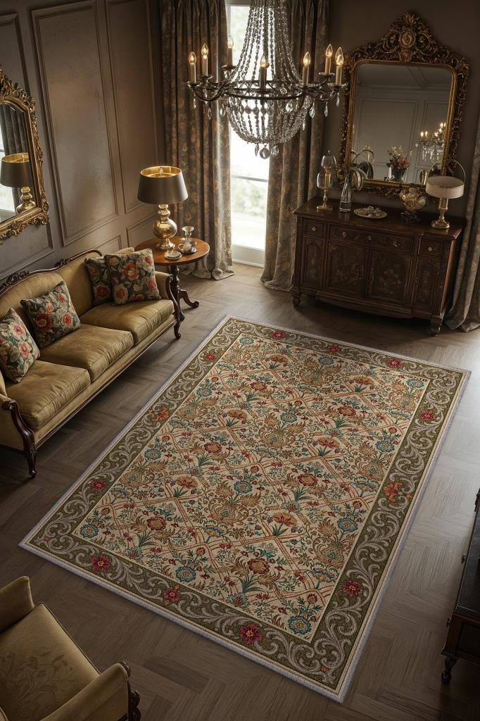 Çiçek Desenli Salon Halısı, Maksimalist Ev Dekoru, Antik Halı, Yıkanabilir Geleneksel Halı