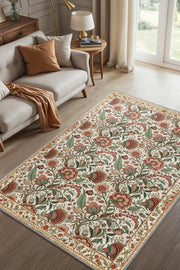 Floral Patterned Bedroom Rug, Classic Style Green and Red Rug, Vintage Home Decor, Washable Woven Cotton Backed Non-Slip Rug 