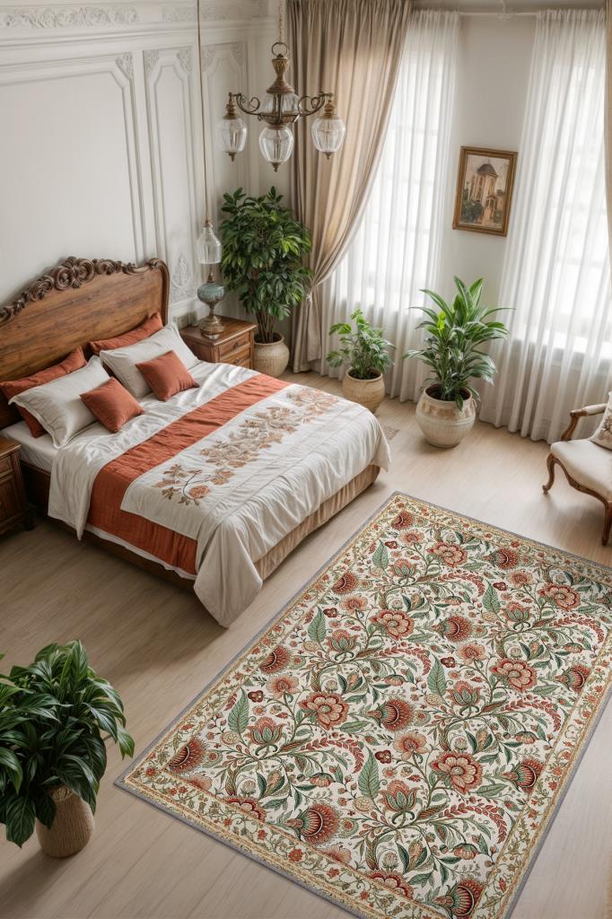Çiçek Desenli Yatak Odası Halısı, Klasik Tarz Yeşil Kırmızı Halı, Vintage Ev Dekoru, Yıkanabilir Dokuma Pamuk Tabanlı Kaymaz Tabanlı Halı