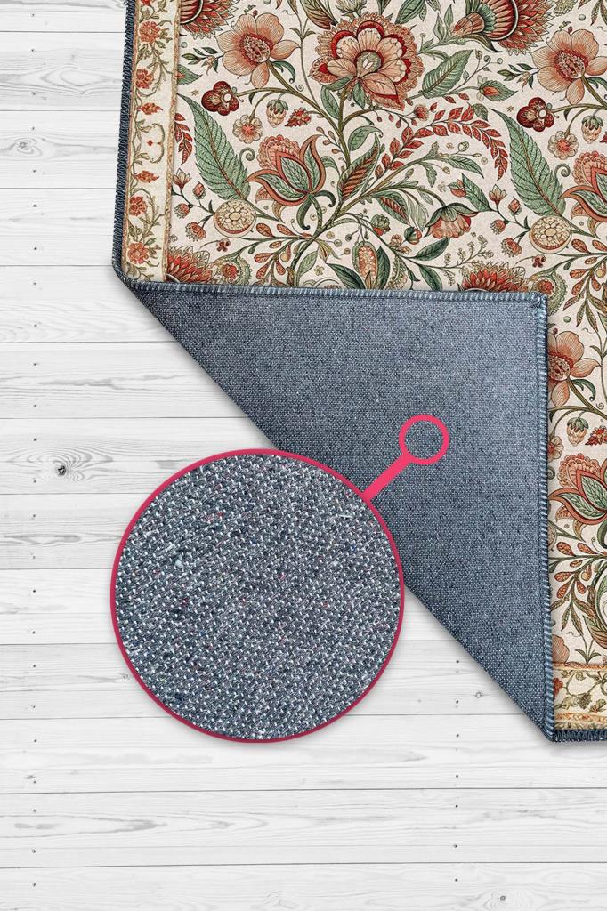 Floral Patterned Bedroom Rug, Classic Style Green and Red Rug, Vintage Home Decor, Washable Woven Cotton Backed Non-Slip Rug 