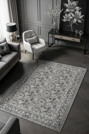 Çiçek Ve Kuş Desenli Antik Viktoryan Halı, Makinede Yıkanabilir Gri Tonlu Halı