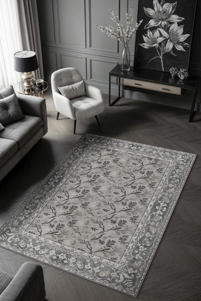 Çiçek Ve Kuş Desenli Antik Viktoryan Halı, Makinede Yıkanabilir Gri Tonlu Halı