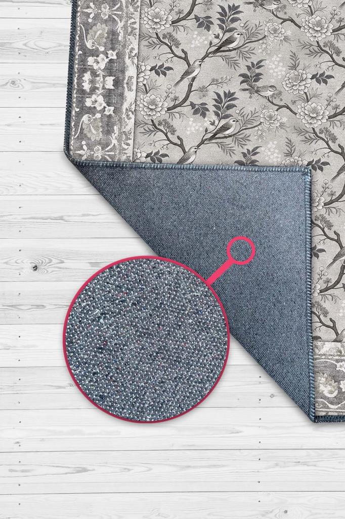 Çiçek Ve Kuş Desenli Antik Viktoryan Halı, Makinede Yıkanabilir Gri Tonlu Halı