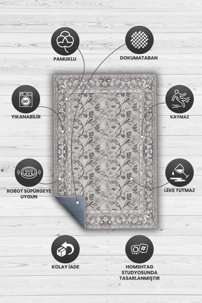 Çiçek Ve Kuş Desenli Antik Viktoryan Halı, Makinede Yıkanabilir Gri Tonlu Halı