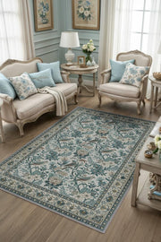 Çiçek Ve Kuş Motifli Geleneksel Bordürlü Çiçekli Salon Halısı, Makinede Yıkanabilir Klasik Halı