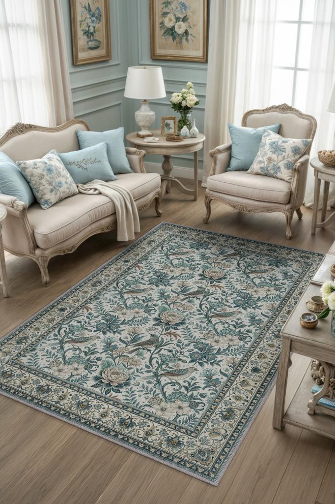 Çiçek Ve Kuş Motifli Geleneksel Bordürlü Çiçekli Salon Halısı, Makinede Yıkanabilir Klasik Halı