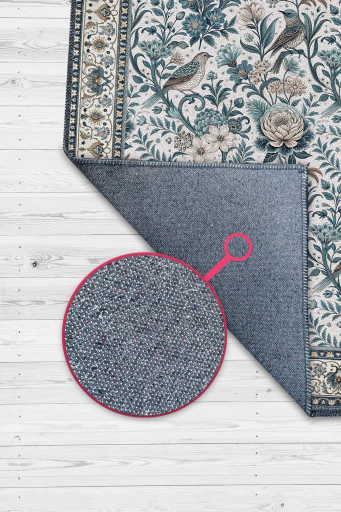 Çiçek Ve Kuş Motifli Geleneksel Bordürlü Çiçekli Salon Halısı, Makinede Yıkanabilir Klasik Halı