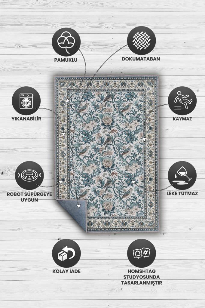 Çiçek Ve Kuş Motifli Geleneksel Bordürlü Çiçekli Salon Halısı, Makinede Yıkanabilir Klasik Halı