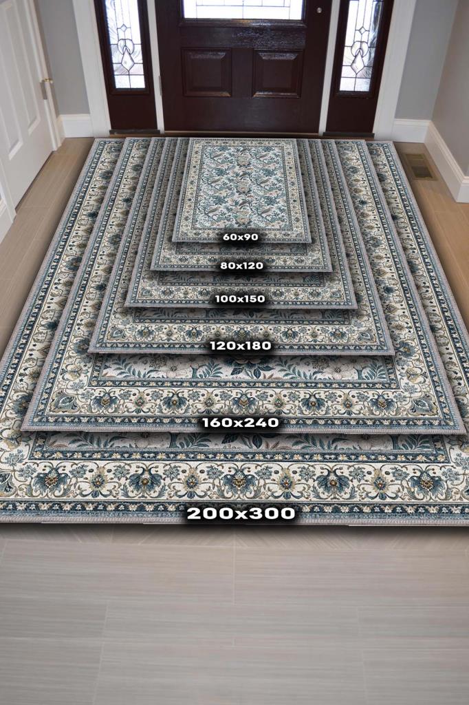 Çiçek Ve Kuş Motifli Geleneksel Bordürlü Çiçekli Salon Halısı, Makinede Yıkanabilir Klasik Halı