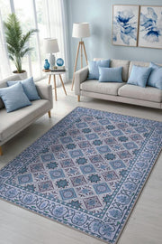 Çiçekli Mavi Botanik Halı, Geomtrik Desenli Mavi Halı, Yıkanabilir Kaymaz Taban Halı