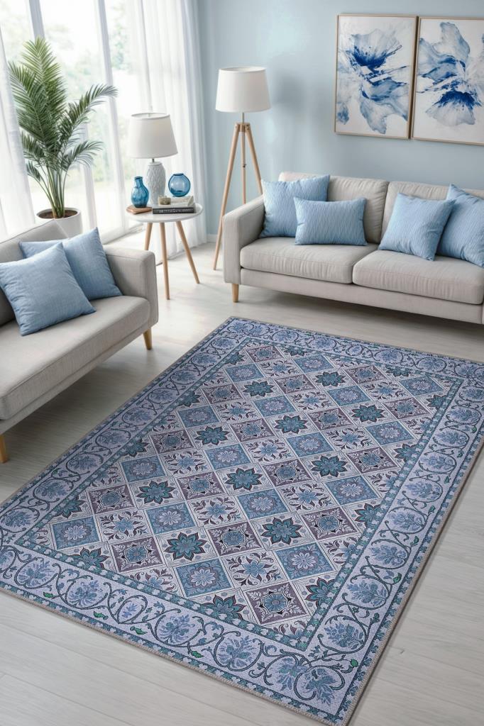 Çiçekli Mavi Botanik Halı, Geomtrik Desenli Mavi Halı, Yıkanabilir Kaymaz Taban Halı