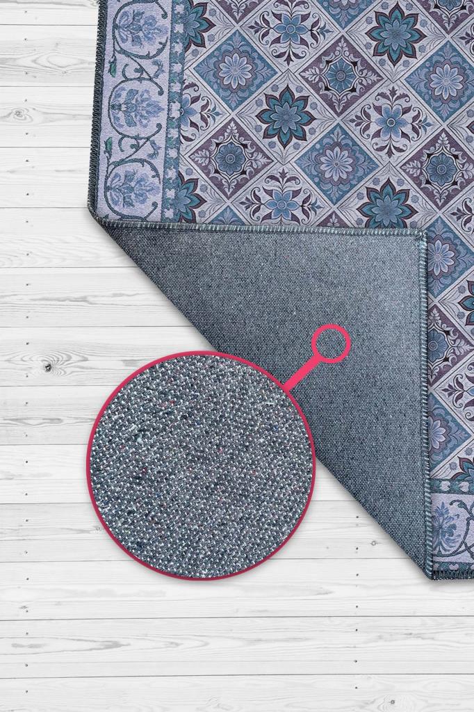 Çiçekli Mavi Botanik Halı, Geomtrik Desenli Mavi Halı, Yıkanabilir Kaymaz Taban Halı