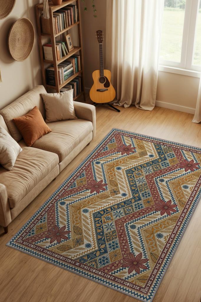 Çiçekli Mozaik Desenli Canlı Renkli Vintage Salon Halısı, Modern Yorumlu Rustik Halı