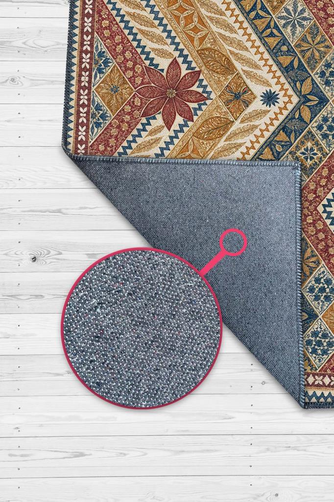 Çiçekli Mozaik Desenli Canlı Renkli Vintage Salon Halısı, Modern Yorumlu Rustik Halı