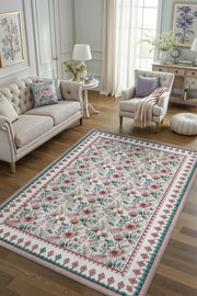 Çiçekli Yeşil Pembe Halı, Pastel Oturma Odası Halısı, Yıkanabilir Vintage  Halı