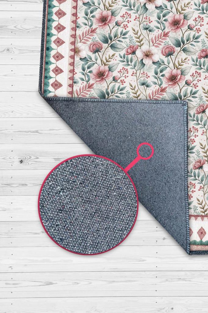 Çiçekli Yeşil Pembe Halı, Pastel Oturma Odası Halısı, Yıkanabilir Vintage  Halı