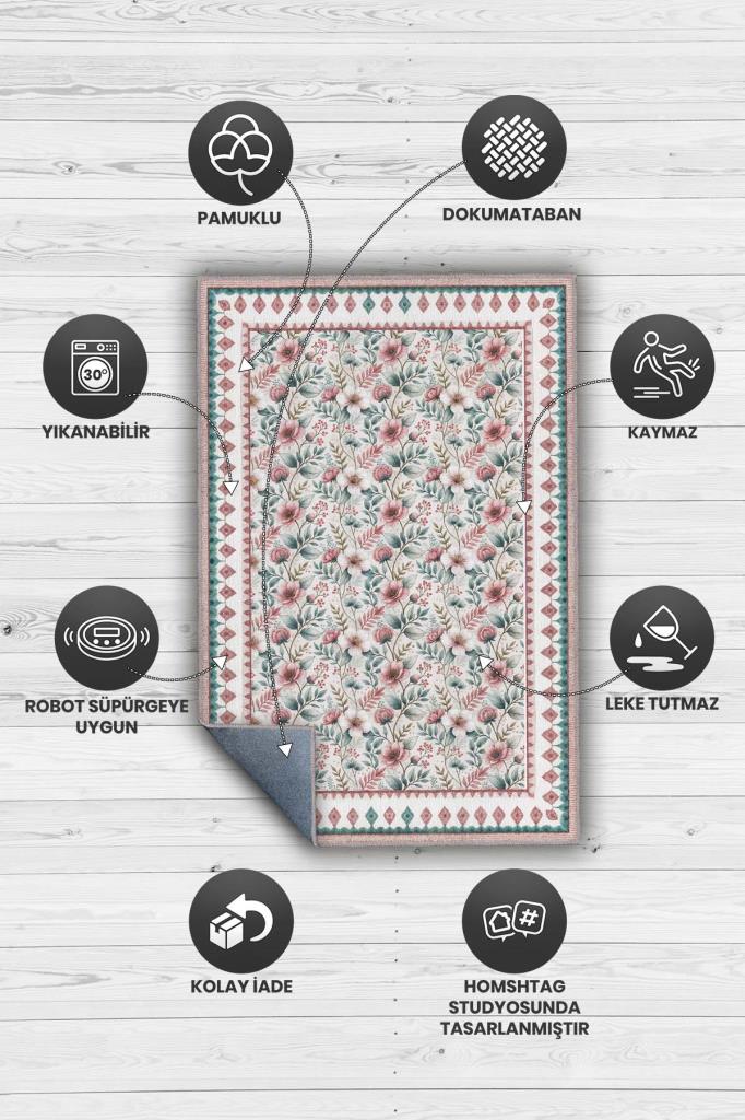 Çiçekli Yeşil Pembe Halı, Pastel Oturma Odası Halısı, Yıkanabilir Vintage  Halı